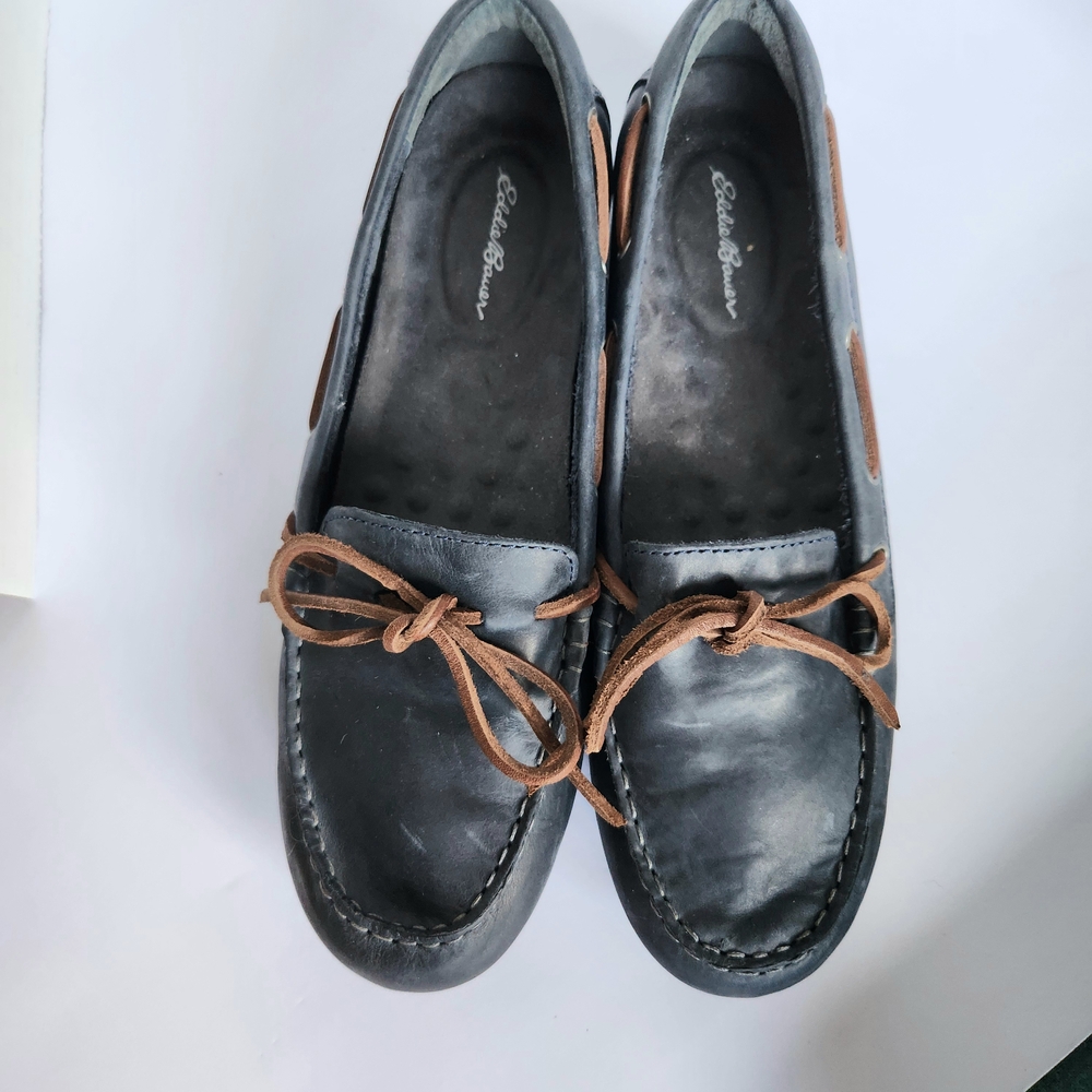 Eddie Bauer Womens Navy Leather Loafers with Brown Ties Sz 10